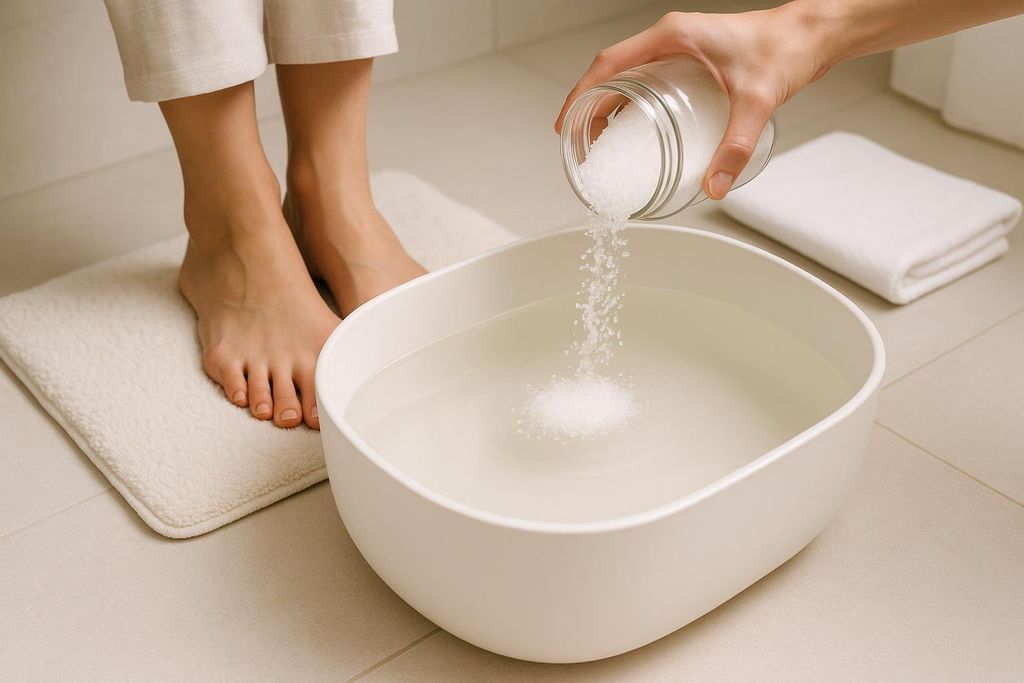 A person pouring Epsom salt from a glass jar into a white basin filled with water, preparing for a relaxing foot soak. Their bare feet are visible on a plush white mat next to the basin, and a folded white towel is in the background.