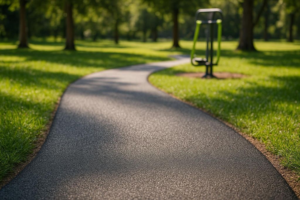 A smooth, accessible poured-rubber path leading to an outdoor fitness station, illustrating ADA compliance and inclusivity within a green park setting.