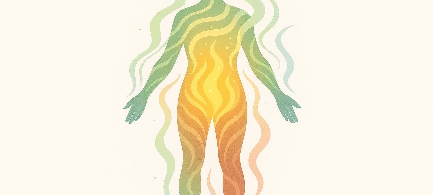Abstract human figure glowing with energetic waves.