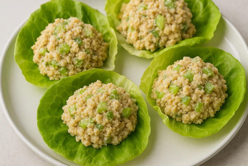 Four lettuce cups filled with vegan chickpea 'tuna' salad, made with mashed chickpeas and diced celery, served on a white plate. Each cup is a vibrant green, contrasting with the pale yellow and green salad mixture.