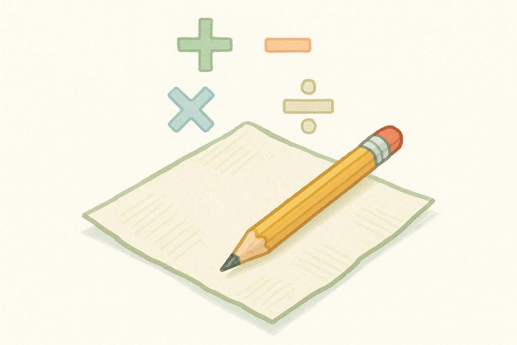 An illustration of a yellow pencil resting on a piece of paper, with colorful arithmetic symbols (plus, minus, multiply, divide) floating above it. The symbols are stylized and subtly colored: green for plus, orange for minus, light blue for multiply, and beige for divide.