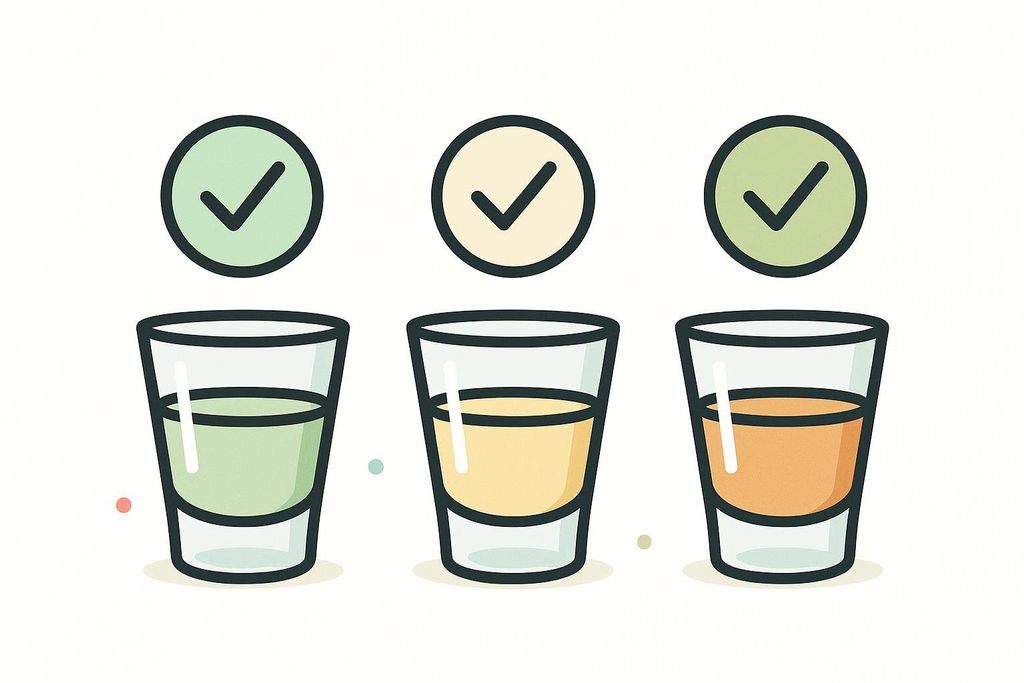 An illustration of three shot glasses, each filled with a different colored liquid (green, yellow, and orange). Above each shot glass is a circle containing a checkmark.