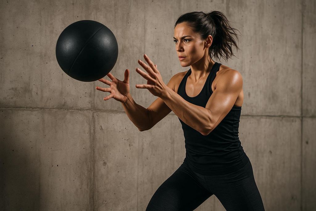 A fit woman in athletic wear is shown in mid-action, catching a black medicine ball. She is focused, with her arms extended and hands open to receive the ball, demonstrating an upper-body power exercise against a concrete wall background.