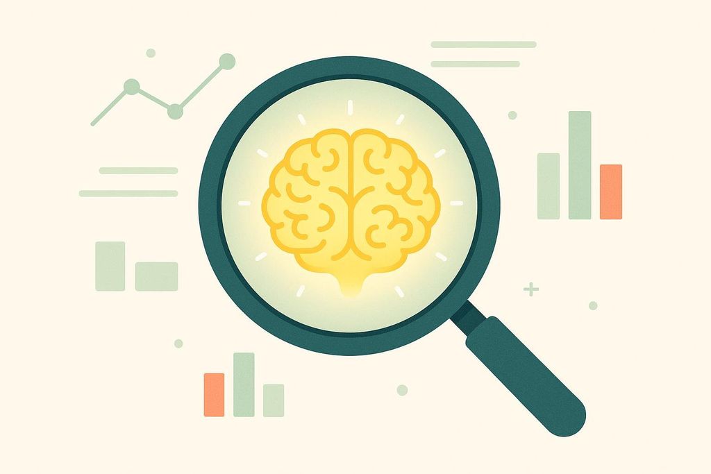 Illustration of a glowing yellow brain viewed through a magnifying glass, surrounded by various green and orange bar graphs, line graphs, and data points, all on a light cream background.