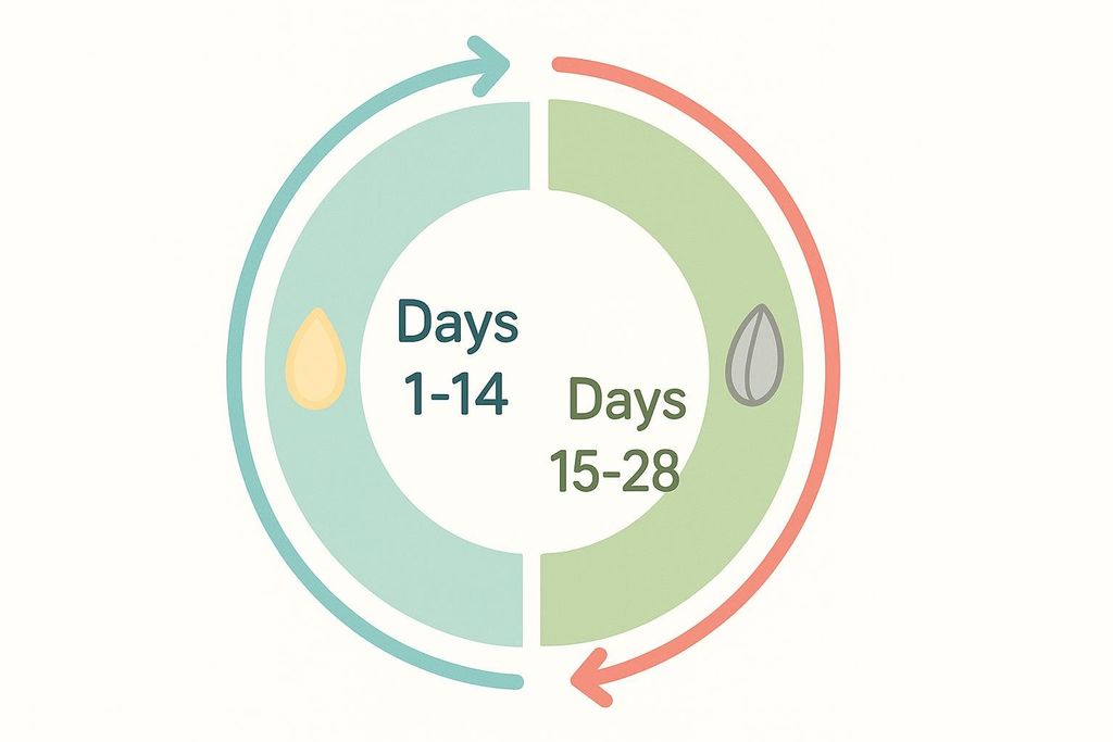 A circular diagram illustrating seed cycling phases. The left half, labeled 'Days 1-14', is light blue with a tear-drop shape representing flax or pumpkin seeds. The right half, labeled 'Days 15-28', is light green with an oval shape representing sesame or sunflower seeds. Arrows indicate a cyclical flow.