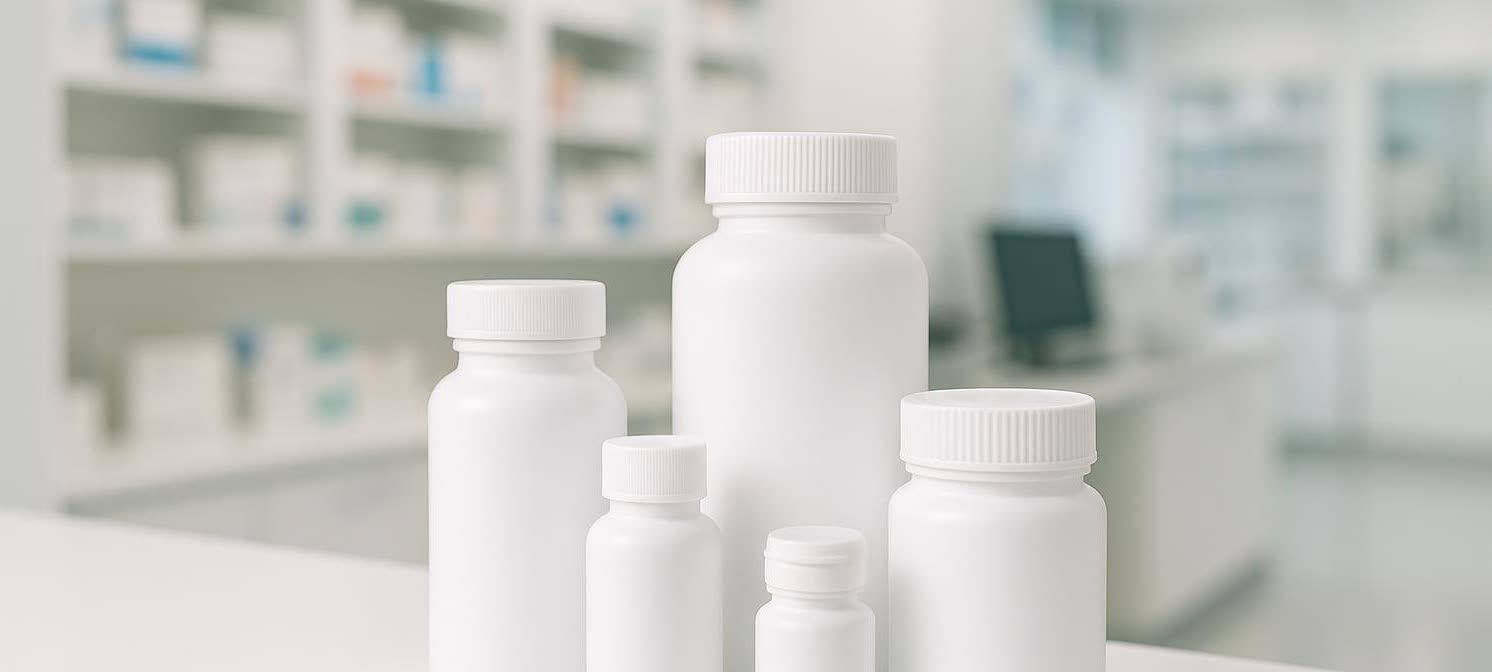 A selection of neatly arranged plain white pill bottles of various sizes on a modern pharmacy counter, with shelves and a computer in the blurred background.