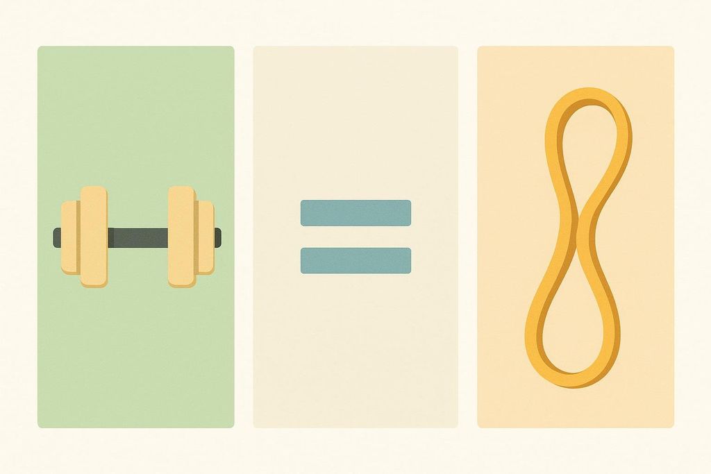 An illustration comparing a free weight dumbbell to a resistance band, with an equals sign in the middle panel, symbolizing they can produce similar strength gains.