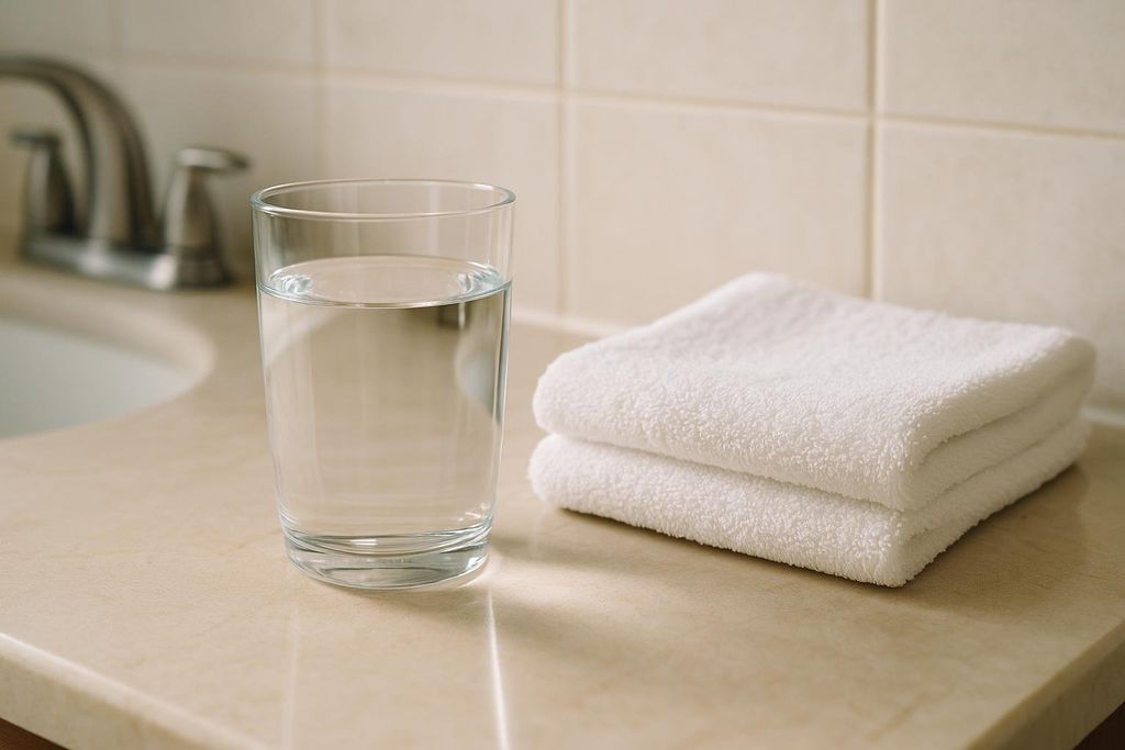 A glass of water on a bathroom counter.