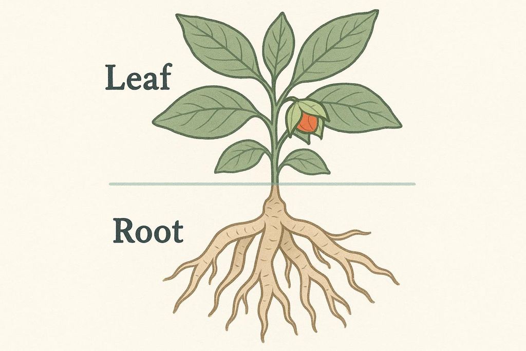 An illustration depicting an ashwagandha plant, with a horizontal line separating the 'Leaf' section (the green foliage with a small orange berry) from the 'Root' section (the brown, tangled root system).