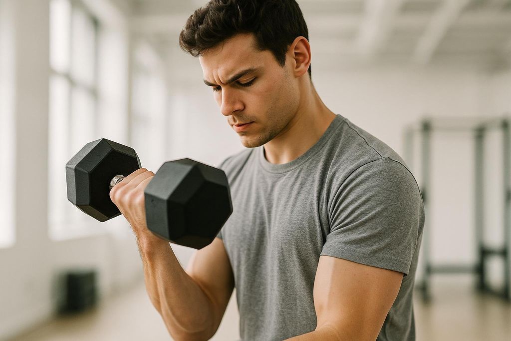 A man with short dark hair, wearing a gray t-shirt, lifts a black dumbbell with his right arm. He is focused on the exercise in a brightly lit gym.