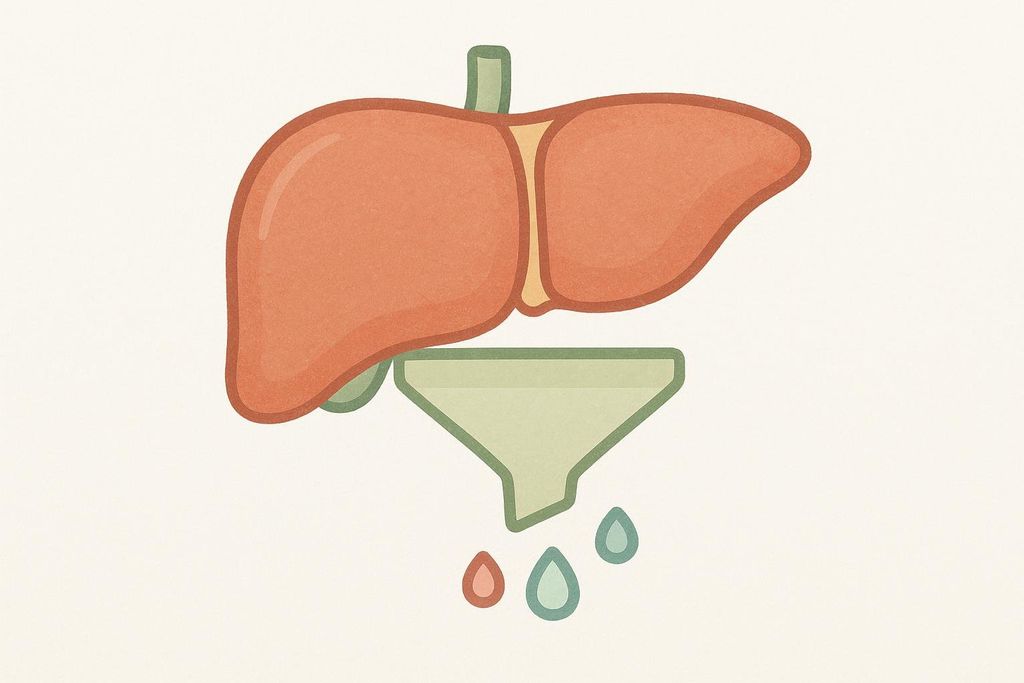 An illustration of a human liver positioned above a funnel, from which three drops, two red and one green, are falling. This visually represents the liver's function as a filter.