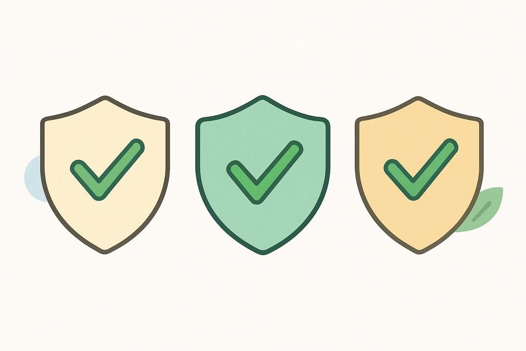 Three stylized shields, two in a light beige and one in the center in a light green. Each shield contains a green checkmark indicating safety or approval. Small, light blue or green abstract shapes are visible around the shields, suggesting a natural or organic theme.