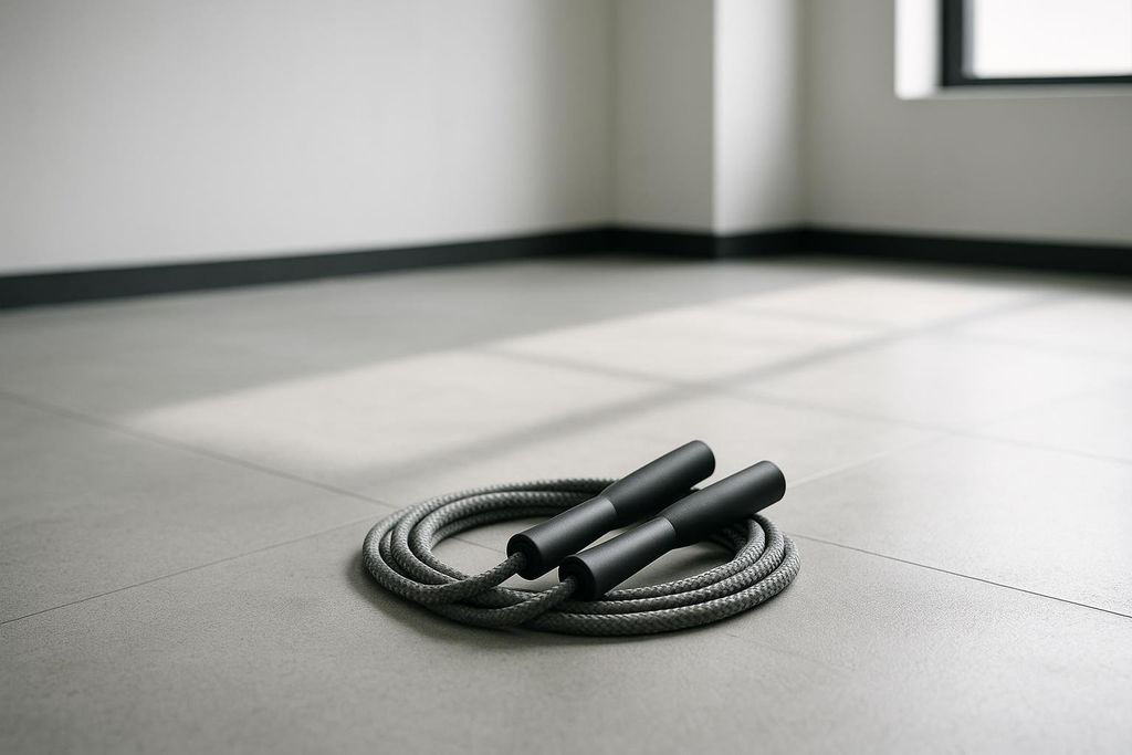 A grey jump rope with black handles coiled on a light grey tiled gym floor, with a white wall and dark baseboard in the background. Natural light from a window casts a soft shadow on the floor.