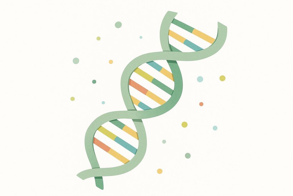 A colorful, stylized illustration of a DNA double helix strand. The backbone is light green, and the base pairs are represented by horizontal stripes in yellow, light blue, and orange, against a white background with scattered small, colorful dots.