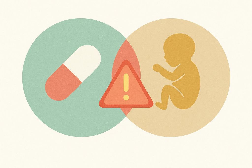 An illustration showing a general warning about the risk of taking medication during pregnancy. A capsule pill is shown on the left, an infant on the right, and a red warning triangle with an exclamation mark is in the center overlaying both.