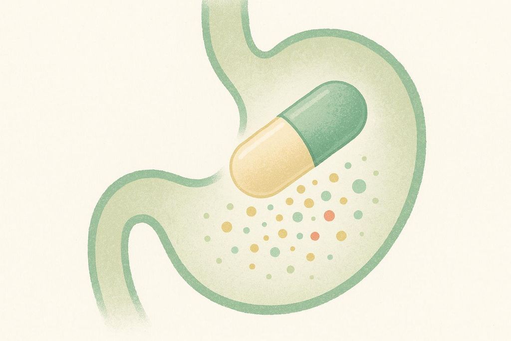 An illustration of a green and yellow capsule dissolving in a light green stomach, releasing various colored small circles that represent the medication being absorbed into the digestive tract.