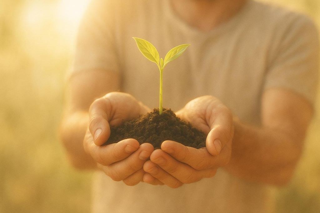 A person's cupped hands hold a small pile of dark soil with a green plant sprout emerging from it, set against a blurred, warm-toned background.