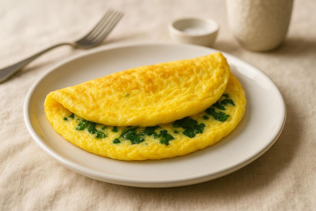 A perfectly cooked spinach omelet rests on a white plate, showcasing a healthy and vibrant breakfast. The golden-yellow egg encases bright green spinach, presented on a light-colored linen background with a fork and small white dish blurred in the background.
