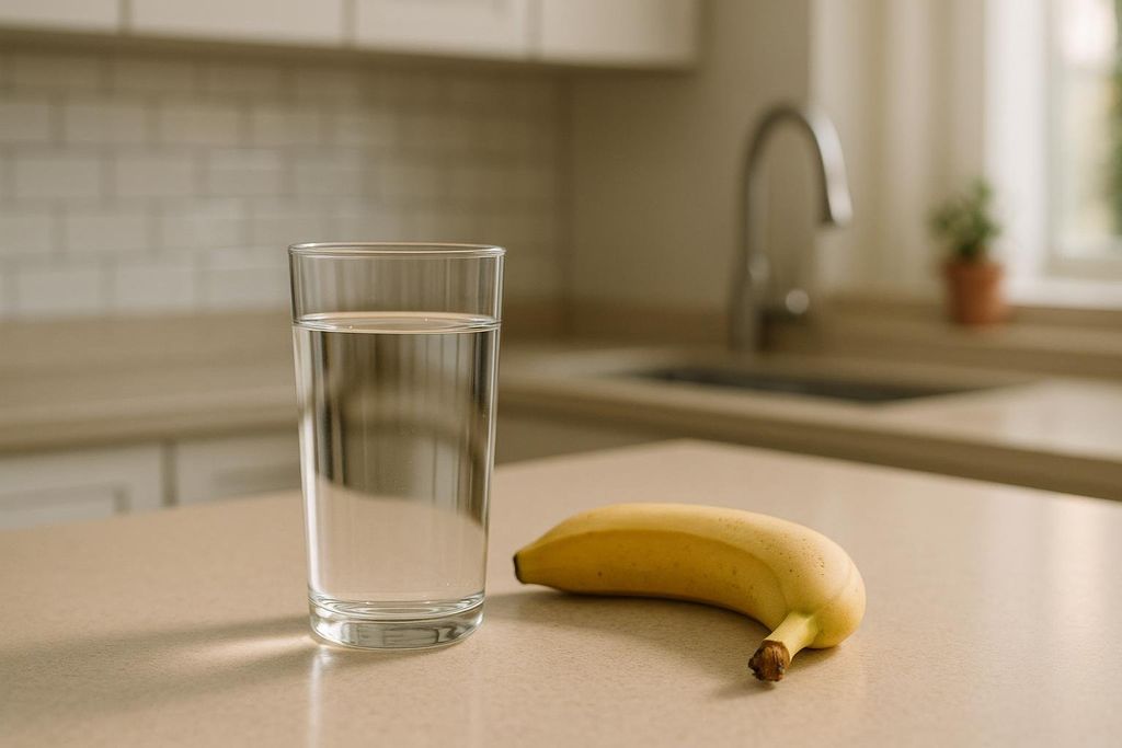 A ripe yellow banana and a clear glass of water sit on a light-colored kitchen counter. In the blurred background, a sink with a modern faucet and a window with a small plant can be seen.