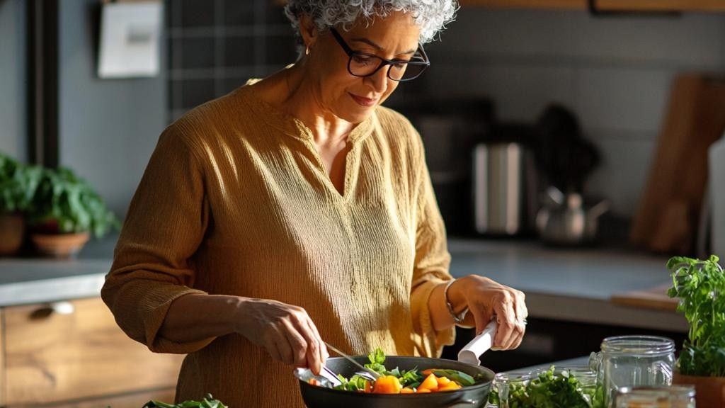 A woman wearing glasses and a yellow shirt stands in a kitchen and stirs vegetables in a pan.