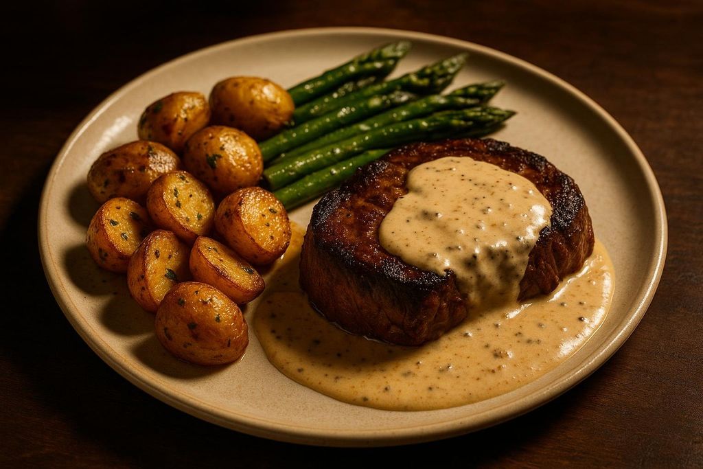 A close-up shot of a gourmet steak dinner. A thick, perfectly cooked steak is covered in a creamy, speckled sauce, served alongside golden roasted baby potatoes, some halved, and a bundle of vibrant green asparagus spears on a light-colored plate.