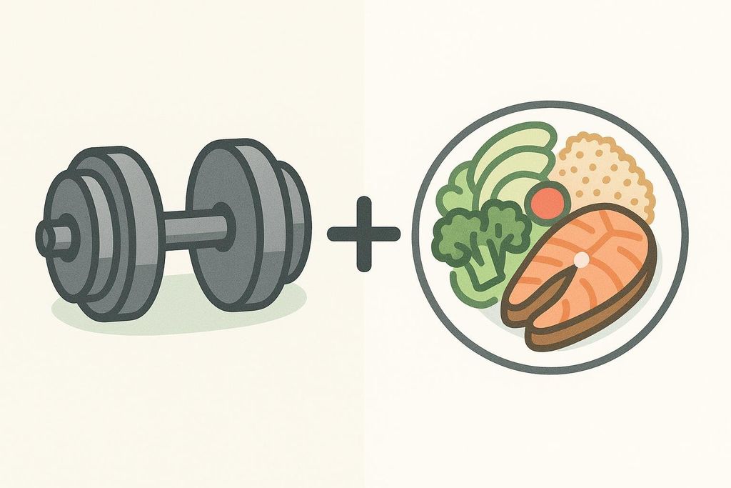 An illustration depicting a grey dumbbell on the left and a white plate of healthy food (salmon, broccoli, rice, and avocado) on the right, connected by a black plus sign in the center. It represents the combination of exercise and nutrition.