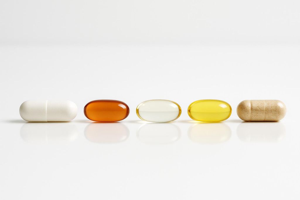 A close-up, low-angle shot of five varied supplement capsules arranged in a neat row against a seamless white background. From left to right, the capsules are a white solid capsule, a transparent amber gel cap, a transparent clear gel cap, a transparent yellow gel cap, and a mottled beige powder capsule. Each capsule reflects softly on the glossy white surface below.