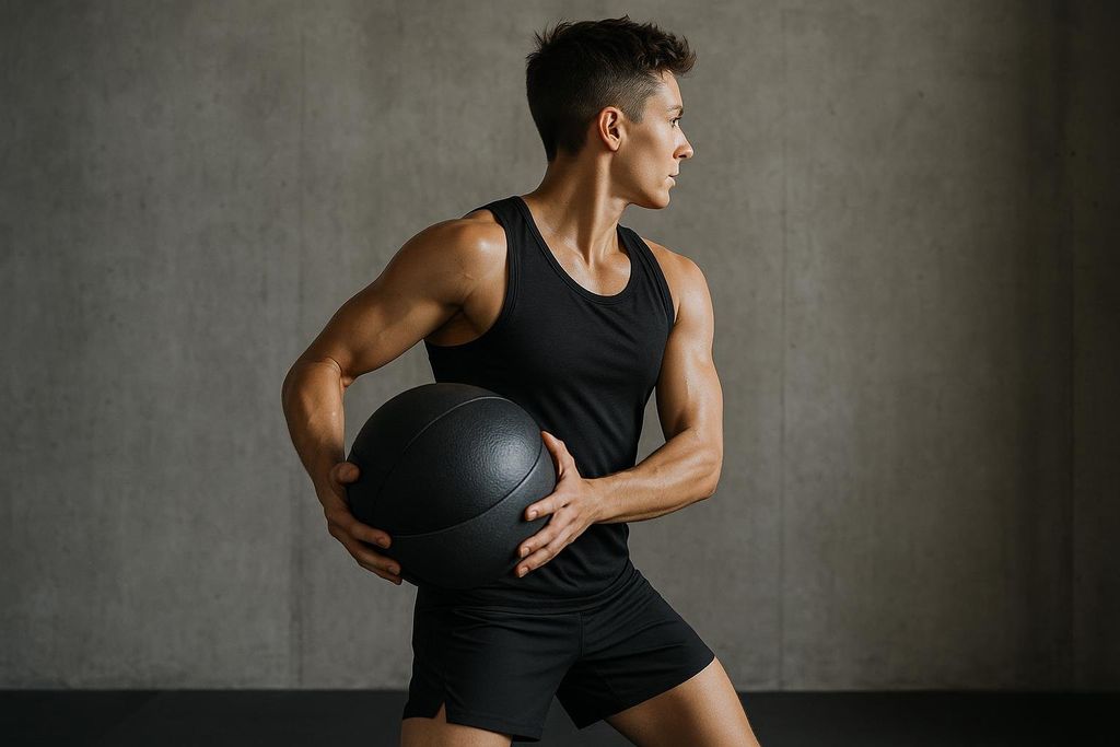 An athlete, wearing a black tank top and shorts, holds a black medicine ball to their side. They are looking to their right, preparing for a rotational toss. The background is a plain gray wall.