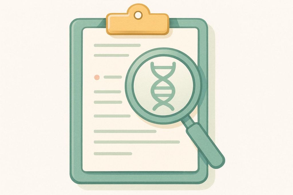An illustration of a clipboard with a document, and a magnifying glass placed over it. Inside the magnifying glass, a DNA helix structure is visible, symbolizing genetic research or analysis.