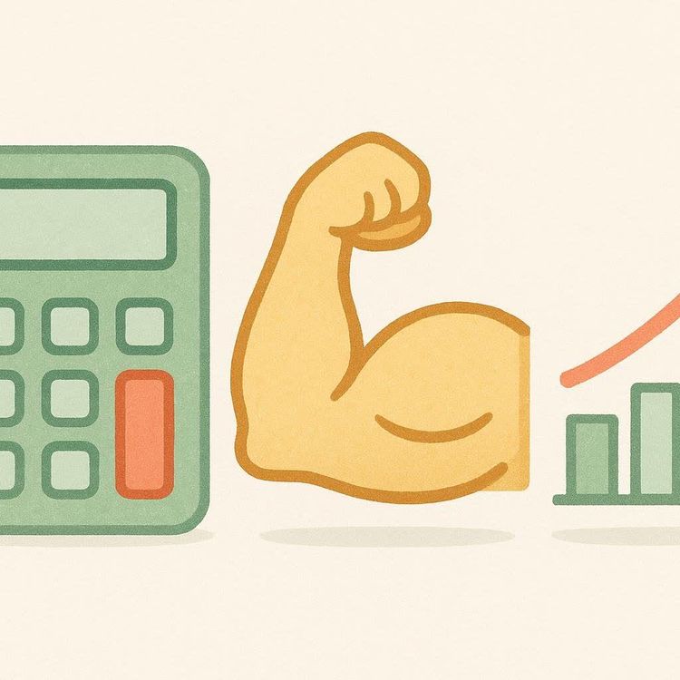 Illustrated icons of a calculator, flexed bicep muscle, and a bar graph with an upward trend line.
