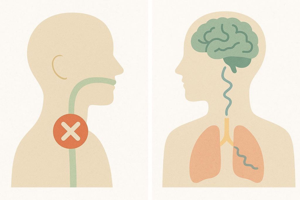 A stylized diagram illustrating the difference between obstructive sleep apnea and central sleep apnea. On the left, a profile of a head and torso with a blocked airway in the throat (obstructive apnea). On the right, a profile of a head and torso showing a brain connected to the lungs, with a wavy line indicating a signaling issue (central apnea).