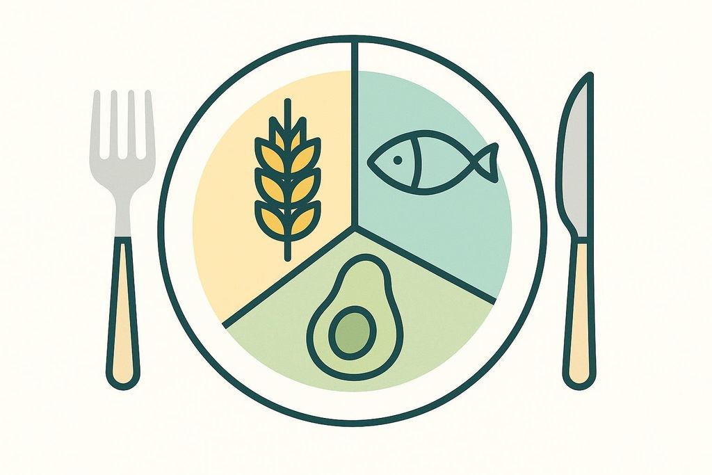 An illustration of a plate divided into three sections, each representing a macronutrient category with a corresponding icon: a wheat stalk for carbohydrates, a fish for protein, and an avocado for fats. A fork is to the left and a knife to the right of the plate.