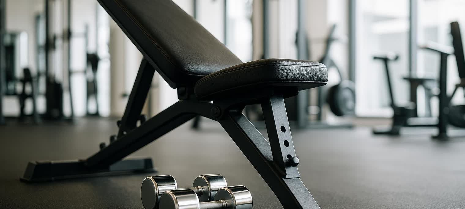 An empty black incline weight bench with a pair of silver dumbbells resting on the grey gym floor in front of it. Other blurred gym equipment is visible in the background.