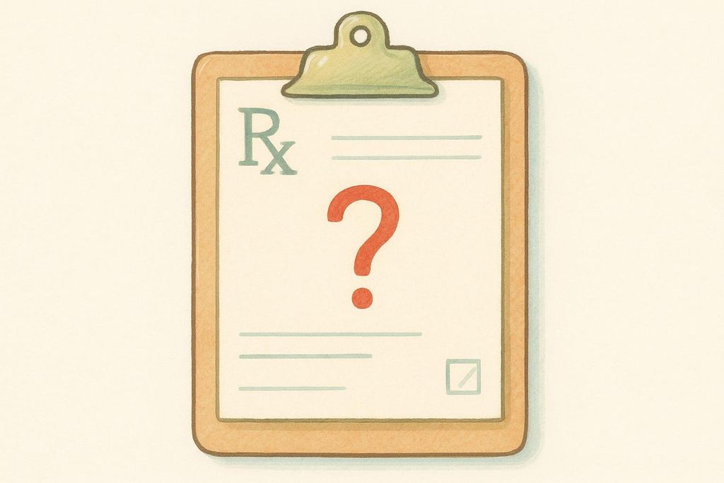 An illustration of a prescription pad with a large red question mark in the center, symbolizing an unknown or unconfirmed prescription or dosage. The Rx symbol is visible at the top left.