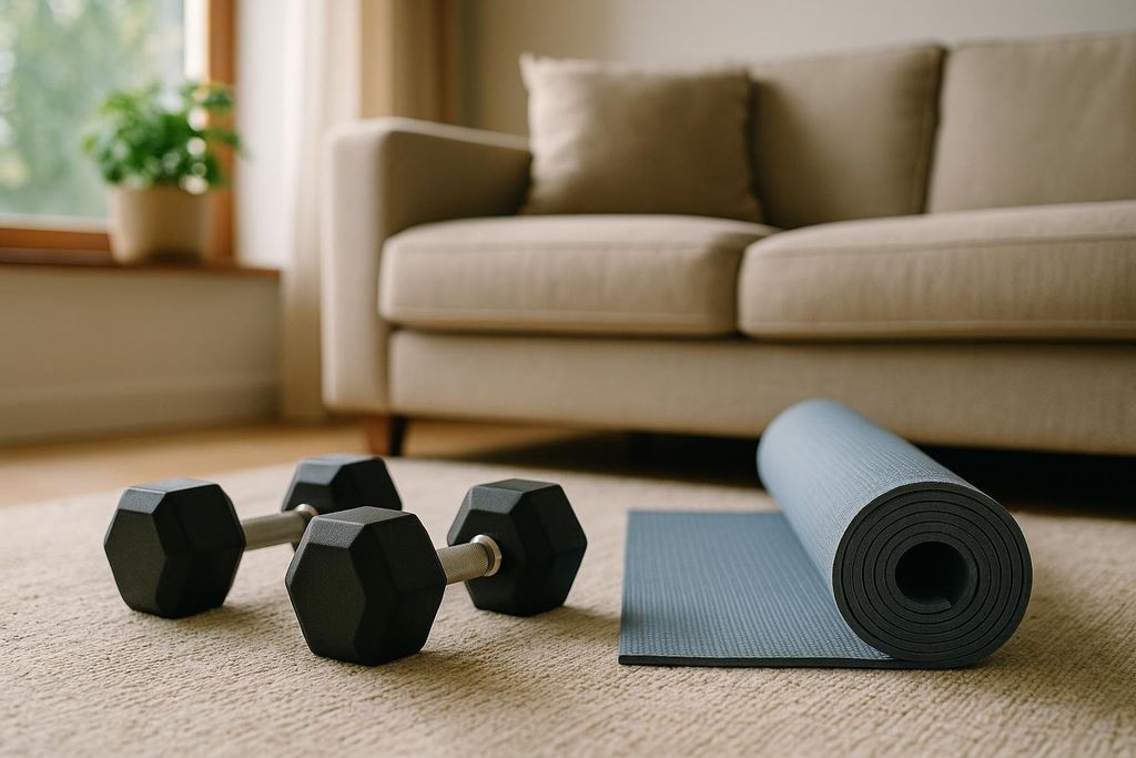 Black dumbbells and a rolled-up grey yoga mat rest on a carpeted floor, suggesting a home workout setup. A light-colored sofa and a blurry houseplant are visible in the background.