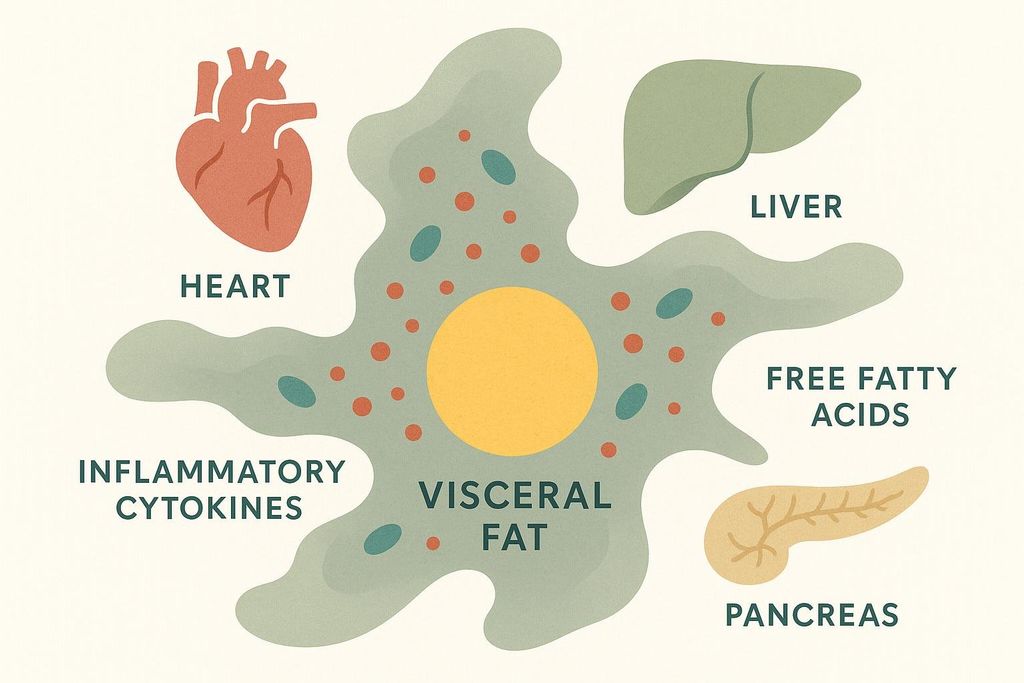 Illustration showing the release of inflammatory cytokines and free fatty acids from visceral fat, affecting the heart, liver, and pancreas.