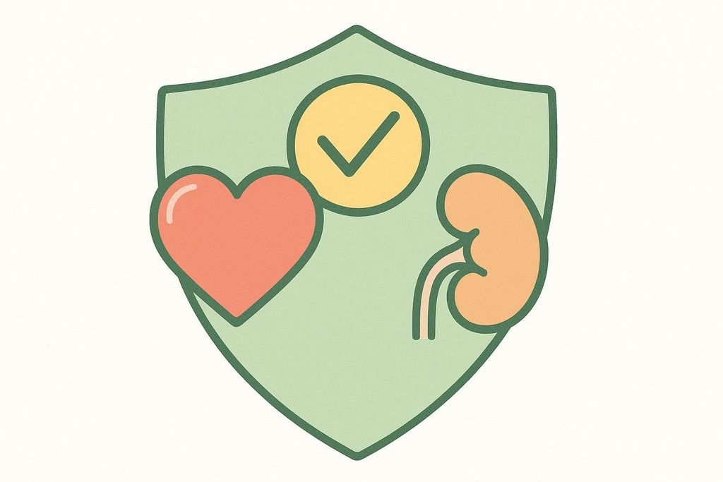 An icon depicting a red heart, an orange kidney, and a yellow circle with a checkmark, all enclosed within a light green shield, symbolizing cardiovascular and kidney protection.