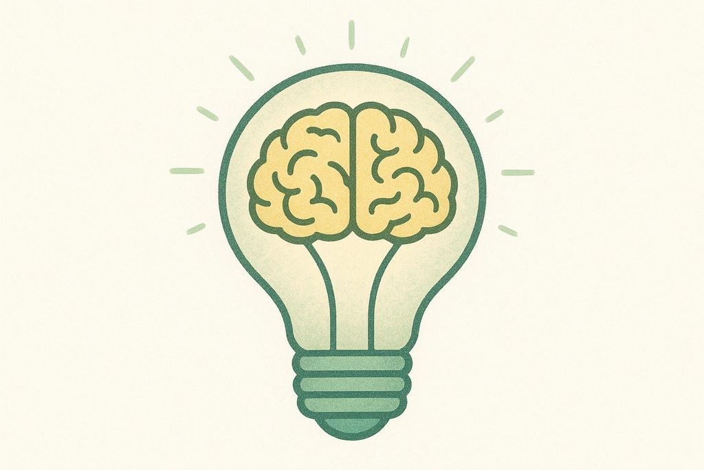 An illustration of a lightbulb with a vibrant yellow brain as its filament, radiating light rays. The lightbulb itself is outlined in teal against a pale, speckled background.