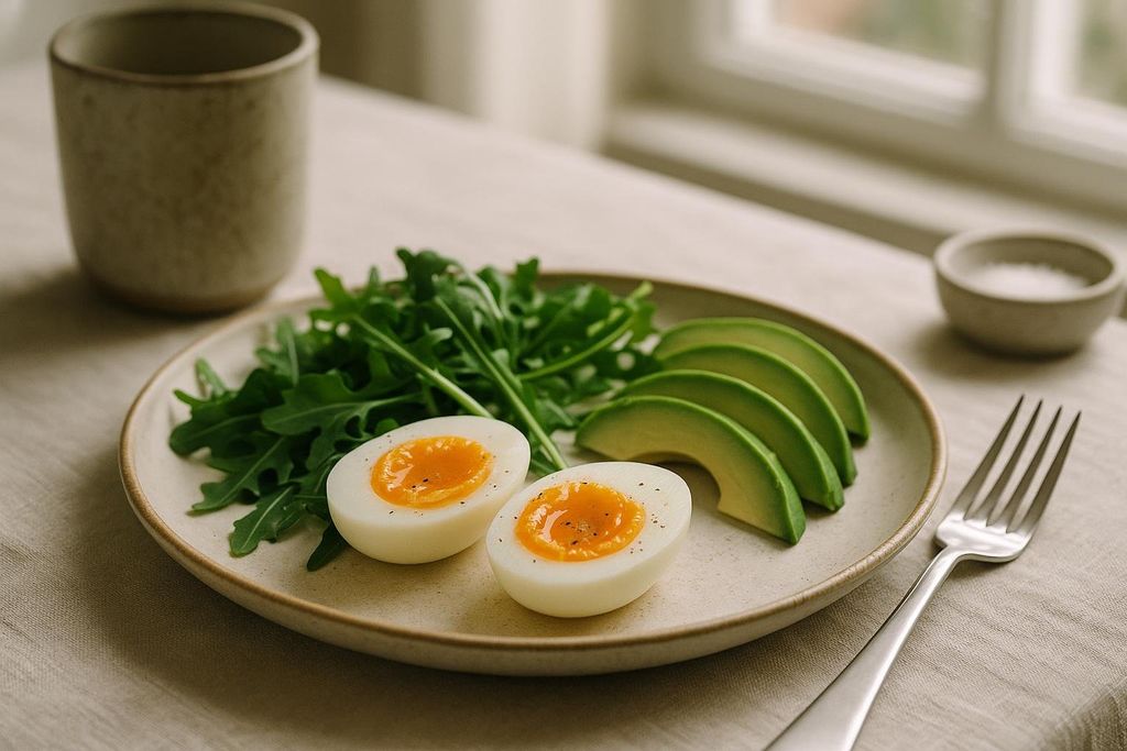 Fresh eggs and greens on a plate, representing natural food sources of choline.