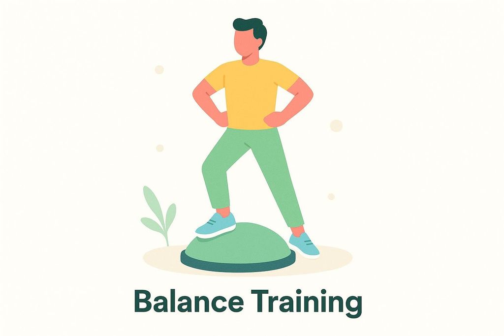 An illustration of a person wearing a yellow t-shirt and green pants, standing with feet wide apart on a green balance trainer. The text 'Balance Training' is below the image.