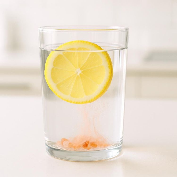 A clear glass of water with a slice of lemon floating in it and pink Himalayan salt crystals dissolving at the bottom, creating a pink plume.