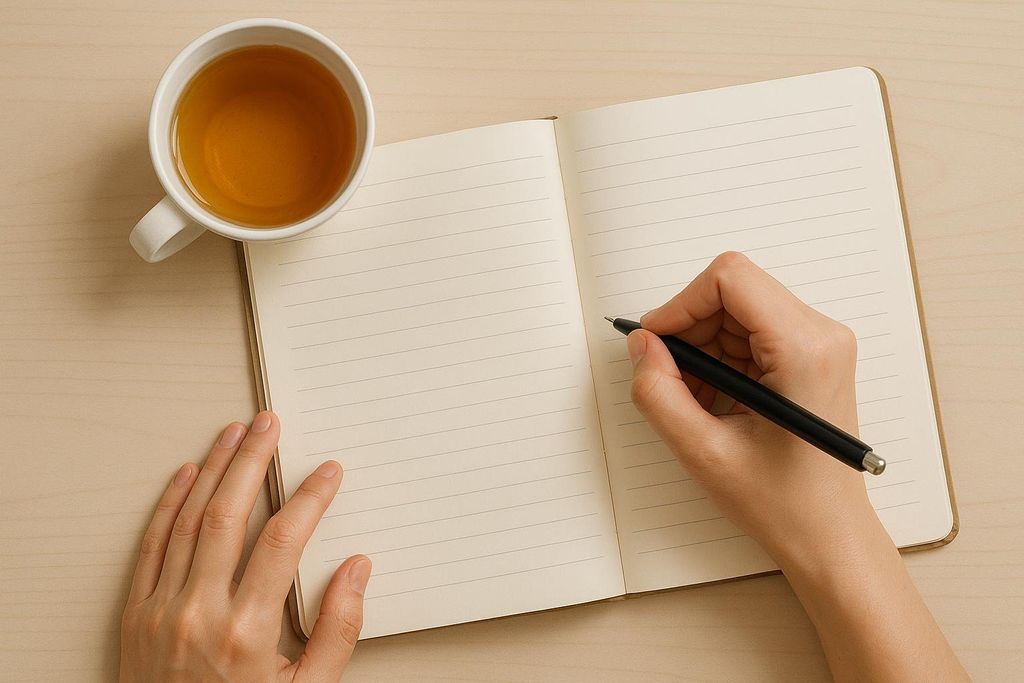An overhead shot of a person's hands. One hand is resting on the left page of an open, lined notebook, and the other hand is holding a pen, poised to write on the right page. A white mug filled with a dark liquid is positioned above the notebook on a wooden surface.
