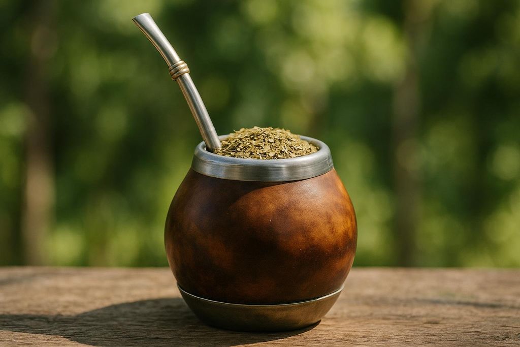 A traditional yerba mate gourd with a bombilla straw, set against a leafy green background. The gourd is made of dark brown material with a silver rim and base, and is filled with pale green yerba mate leaves.