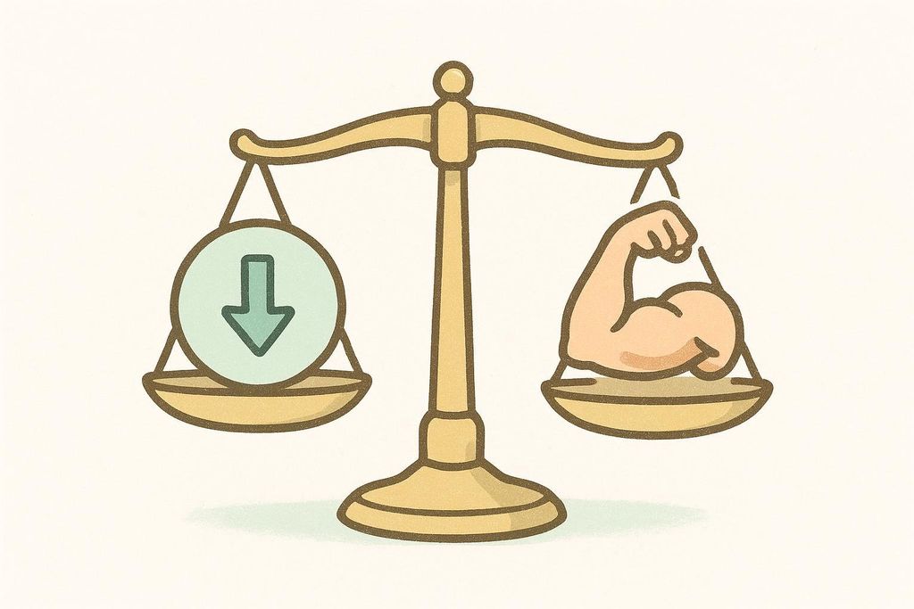 An illustration of a balancing scale. On the right pan, a muscular arm representing muscle preservation is elevated, while on the left pan, a circle with a downward arrow signifying weight loss is lowered. This illustrates the idea that while weight loss is occurring, muscle preservation is not fully achieved or is a competing factor.