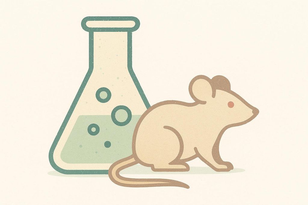 An illustration of a conical laboratory flask containing light green liquid with bubbles, positioned behind a light brown mouse with a red eye, facing right. The artwork has a grainy texture.