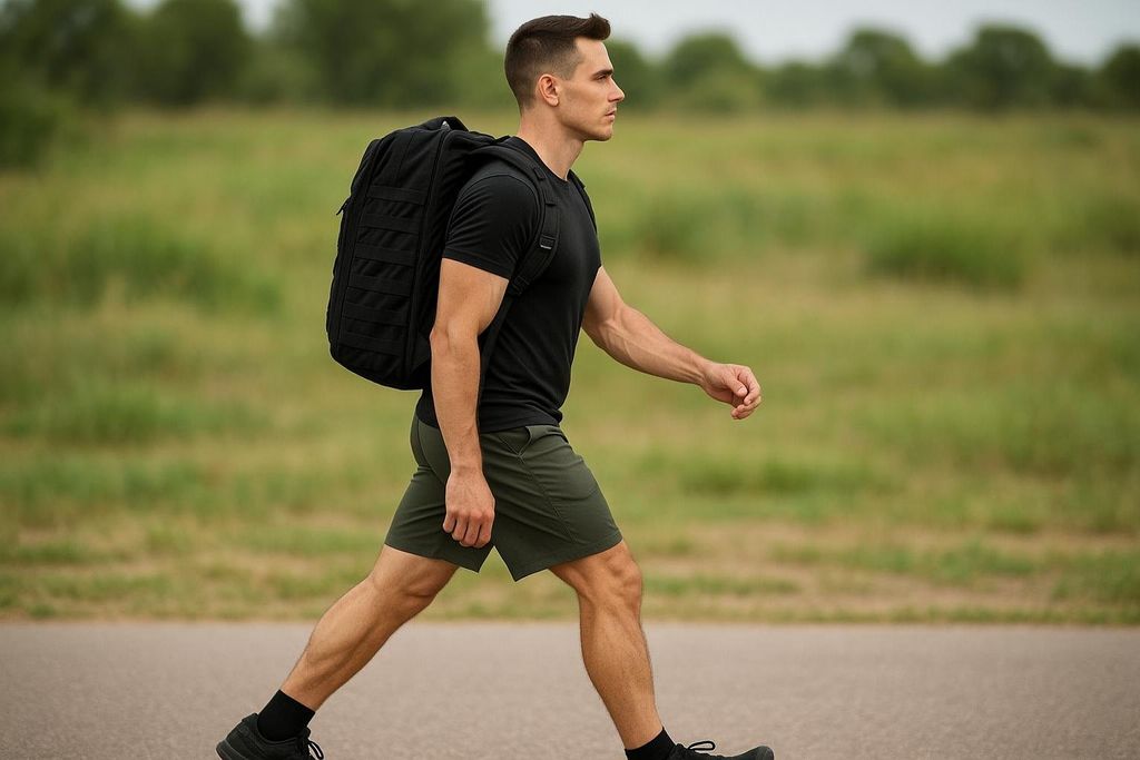 A man with a rucksack walks on a paved path, displaying good, upright posture with an engaged core.