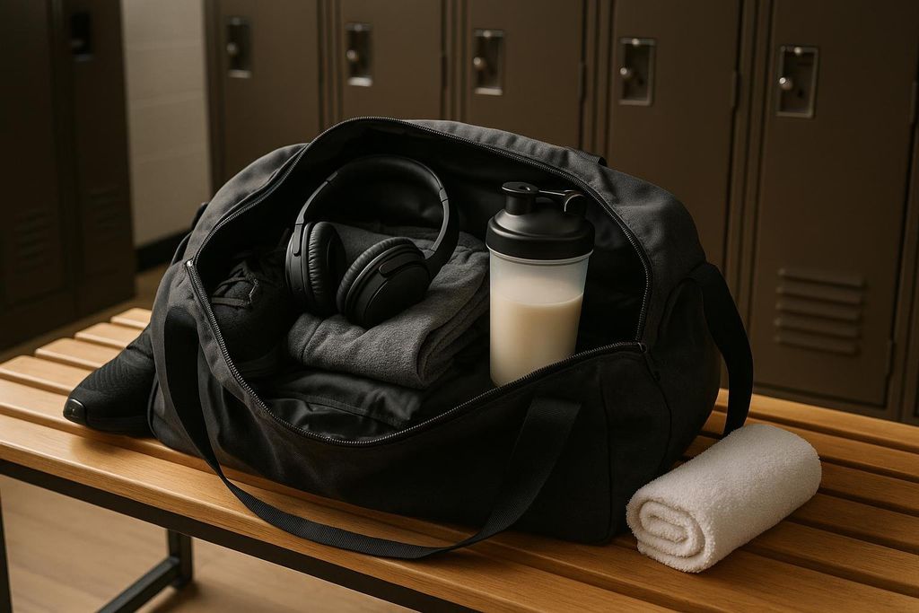 An open black gym bag filled with workout clothes, black headphones, and a protein shaker with a drink, sitting on a wooden bench in front of metal lockers. A rolled white towel is next to the bag.