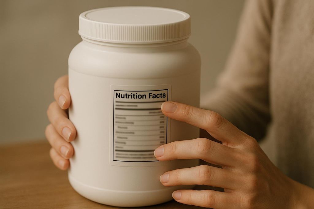 A woman's hands carefully inspect the nutrition label on a white protein powder container.