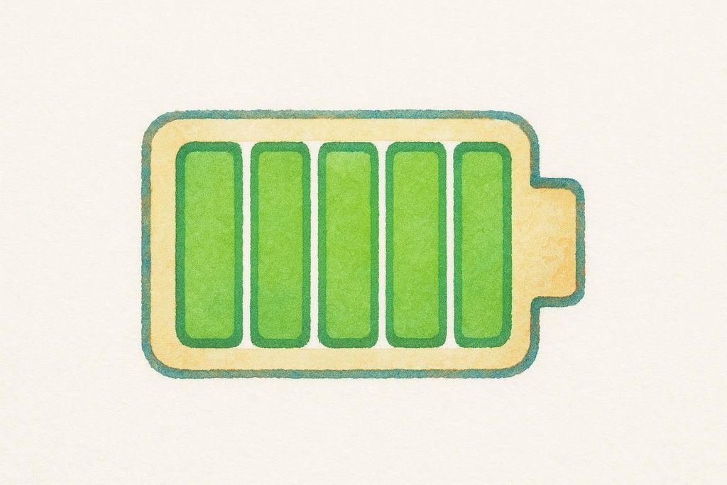 A stylized, fully charged battery icon, with five green bars inside a yellow outline, set against a lightly textured off-white background.