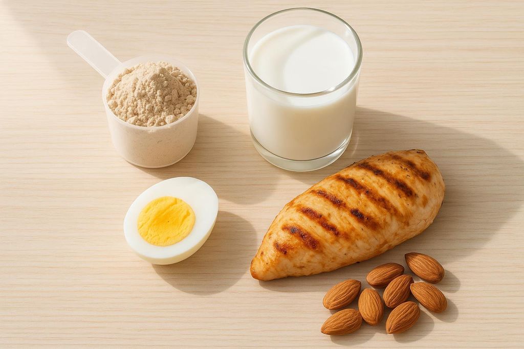 A flat lay of protein-rich foods including a scoop of protein powder, a glass of milk, a grilled chicken breast, a halved hard-boiled egg, and a small pile of almonds, all arranged on a light wooden surface.